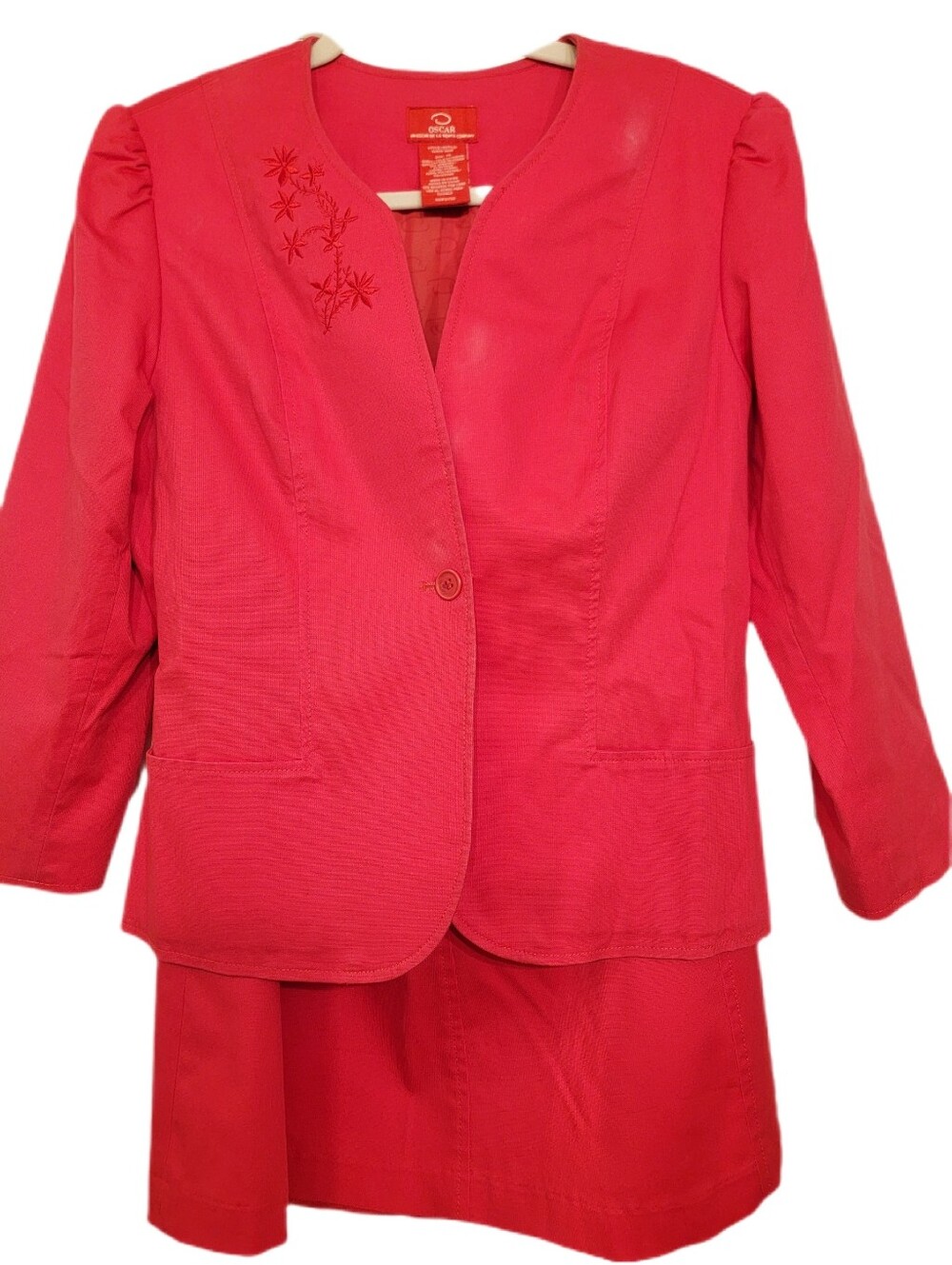 $200 Oscar de la Renta Red Pink Two-Piece Skirt Jacket Set With Embrodery US 14